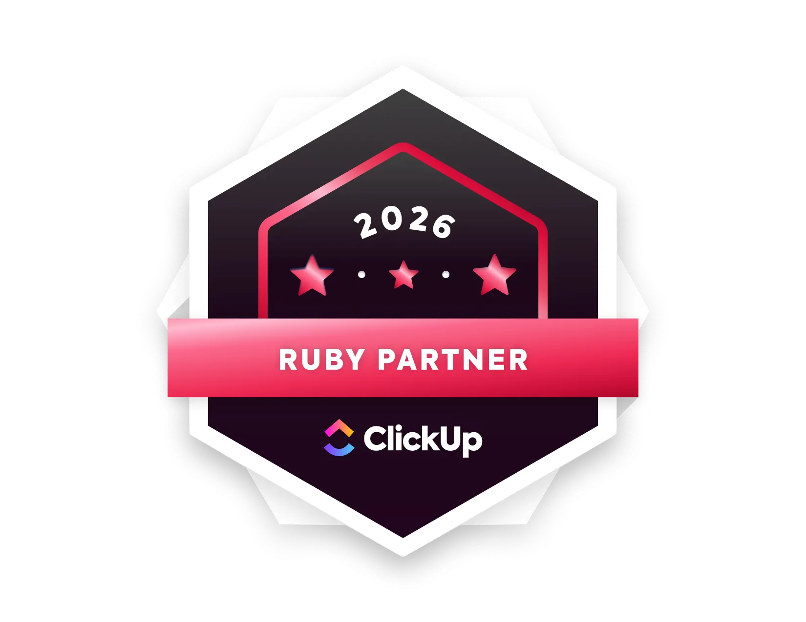 Award badge reading '2026 Ruby Partner' with a pink gradient ribbon and the ClickUp logo on a dark shield background