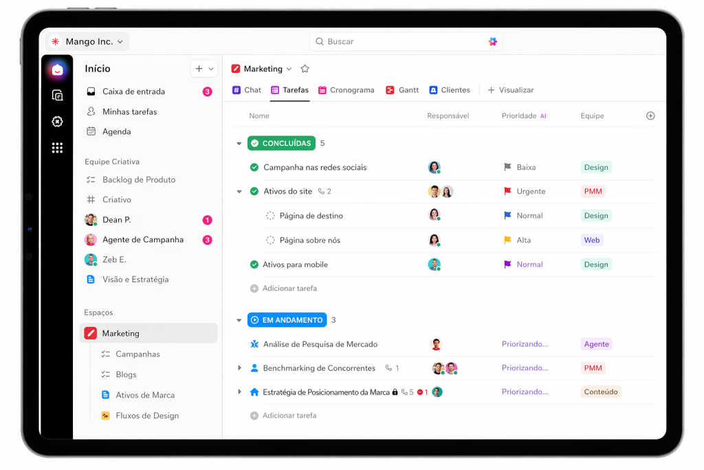 Tablet displaying a project dashboard: left navigation, search bar, and a Marketing task list with status icons.