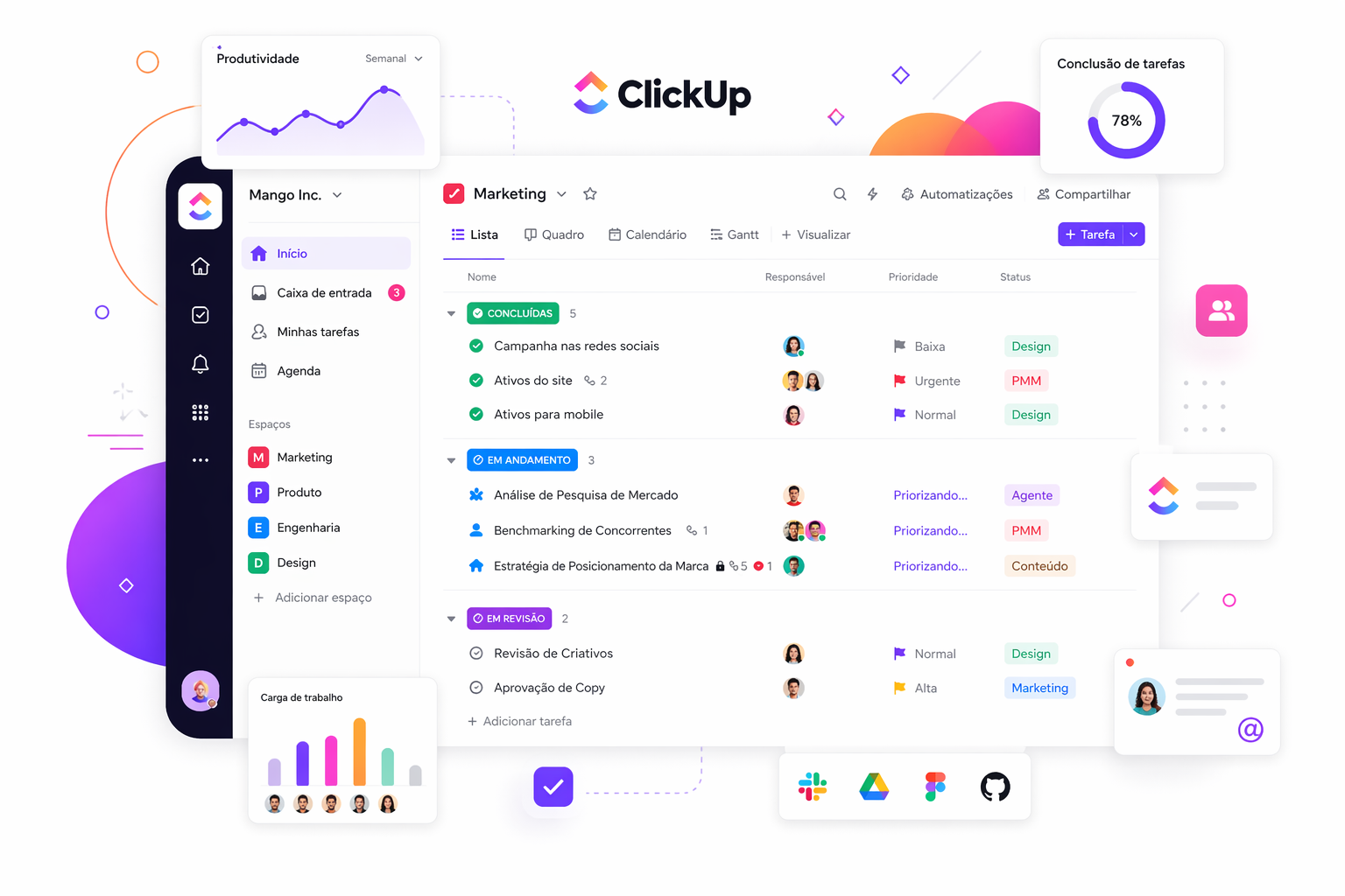 Homepage-style screenshot of a colorful ClickUp project dashboard with side navigation and a kanban-style task list, avatars, and status labels.