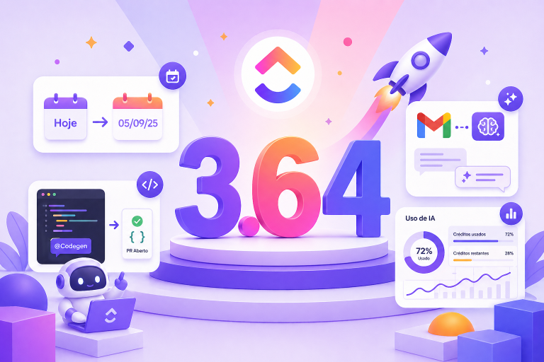 Ilustração 3D com o número 364 em gradiente, rodeado de ícones de IA, código e gráficos.