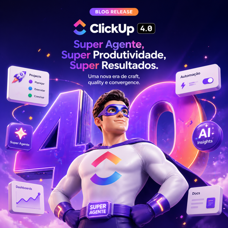 Promotional illustration for ClickUp 4.0 featuring a superhero mascot and floating UI elements about dashboards, automation, and AI insights for productivity.