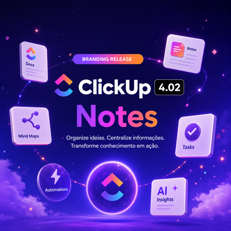 Promotional graphic for ClickUp 4.02 Notes branding release with floating icons for Docs, Notes, Mind Maps, Tasks, Automations, and AI Insights around the logo.