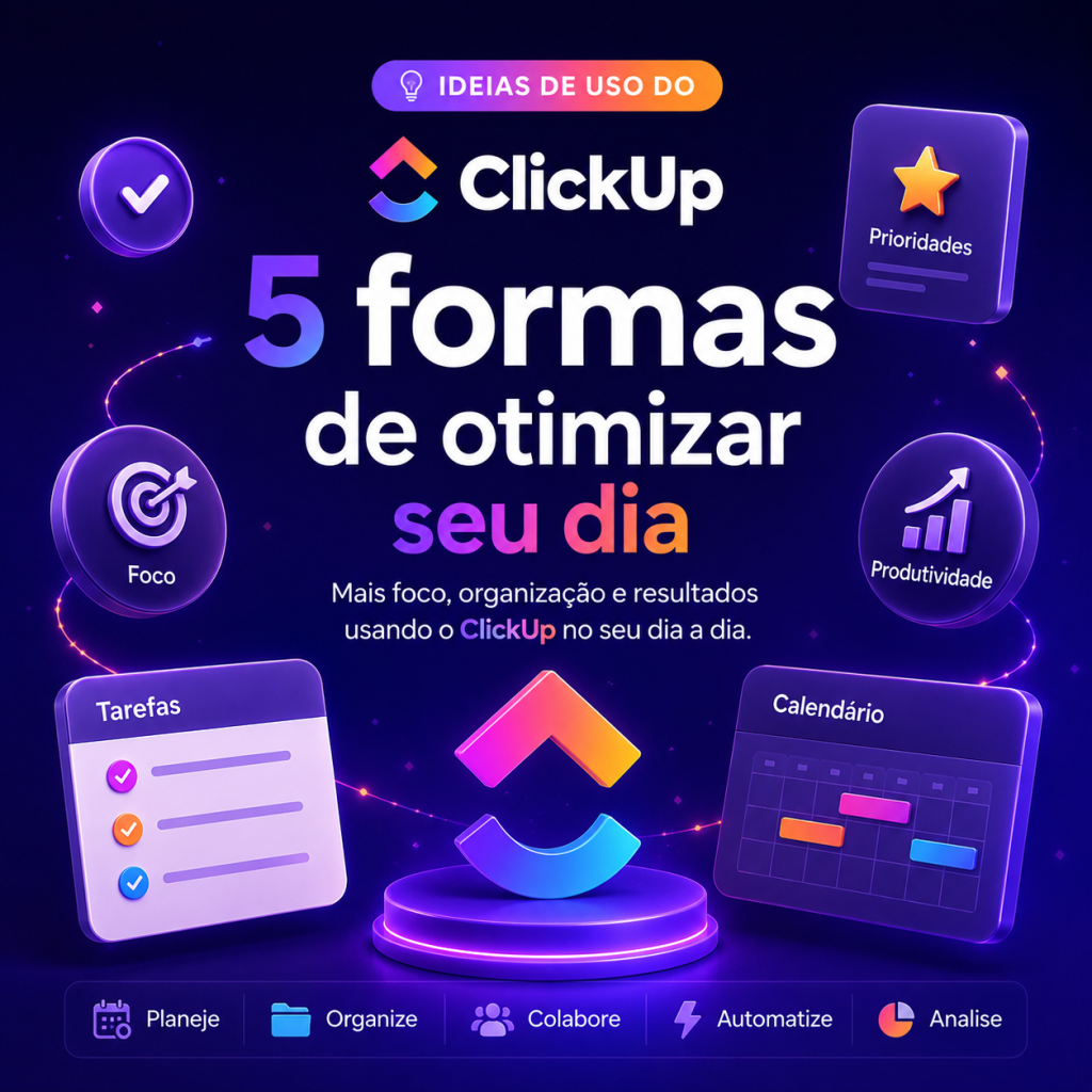 ChatGPT Image 18 de mai de 2026 15_42_56 - TaskUP Promo image promoting ClickUp: '5 formas de otimizar seu dia' with colorful icons for foco, tarefas, calendário e produtividade (Português).