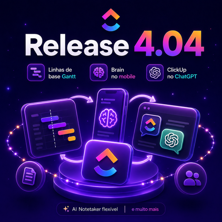 Promotional artwork announcing Release 4.04 with neon app icons (Gantt, Brain, ChatGPT) and rotating futuristic devices around a glowing platform, on a dark blue background.