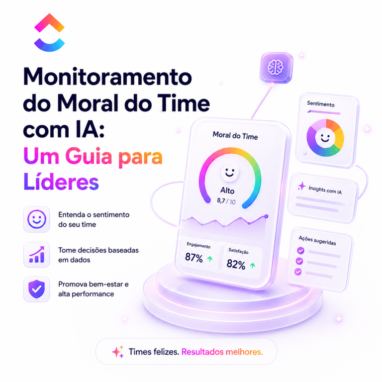 Banner ilustrativo em tons neon mostrando monitoramento do moral da equipe com IA e gráficos coloridos de apoio