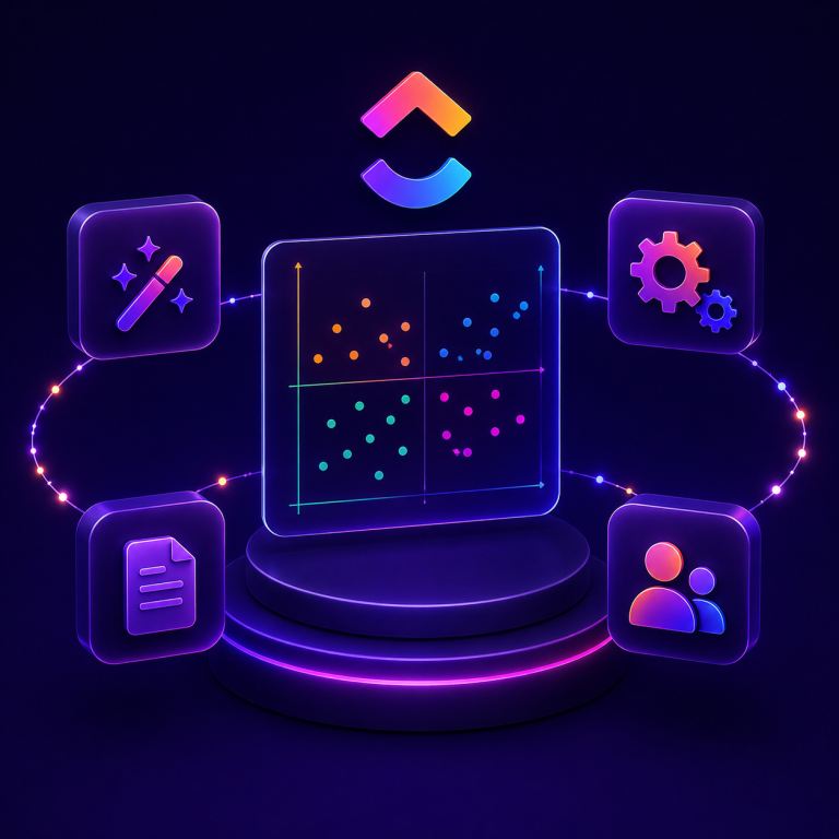 Neon 3D dashboard with a central scatter plot and surrounding icons for design, settings, documents, and users on a dark background.