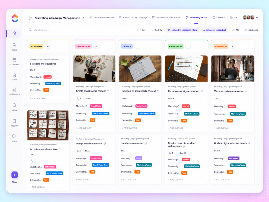 ChatGPT Image 12 de jun de 2026 14_13_03 - TaskUP Marketing campaign dashboard with five workflow columns (Planning, Production, Launch, Evaluation, Retention) and task cards with thumbnails behind each column.