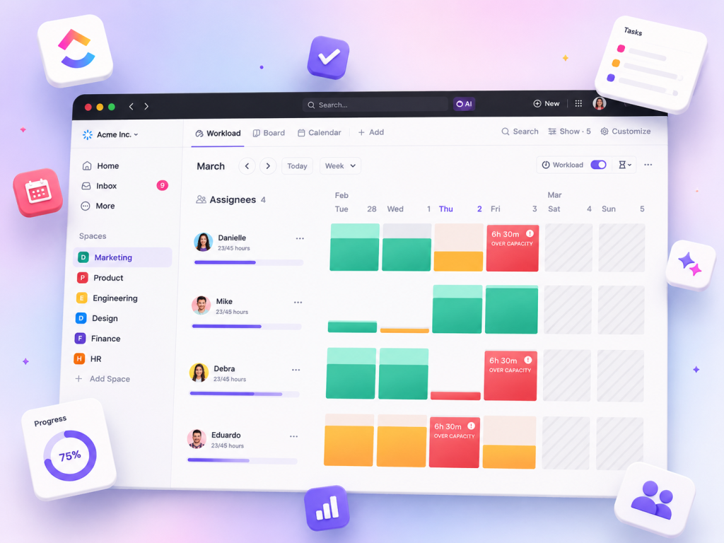 ChatGPT Image 12 de jun de 2026 14_16_27 - TaskUP Project management dashboard with a calendar view, team avatars, and color‑coded task blocks on a clean white UI.