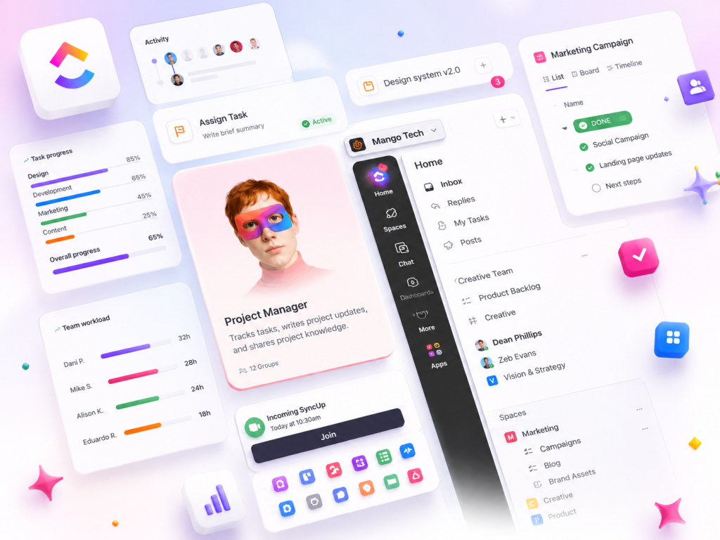 ChatGPT Image 12 de jun de 2026 14_19_35 - TaskUP A colorful floating dashboard UI showing a Project Manager card and task panels against a pastel gradient background.