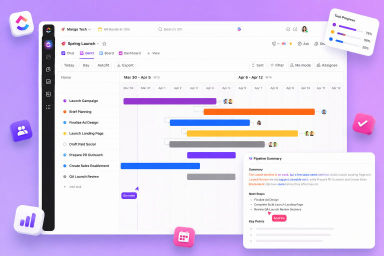 Project management dashboard showing a Gantt chart with colored task bars and a task list on the left.