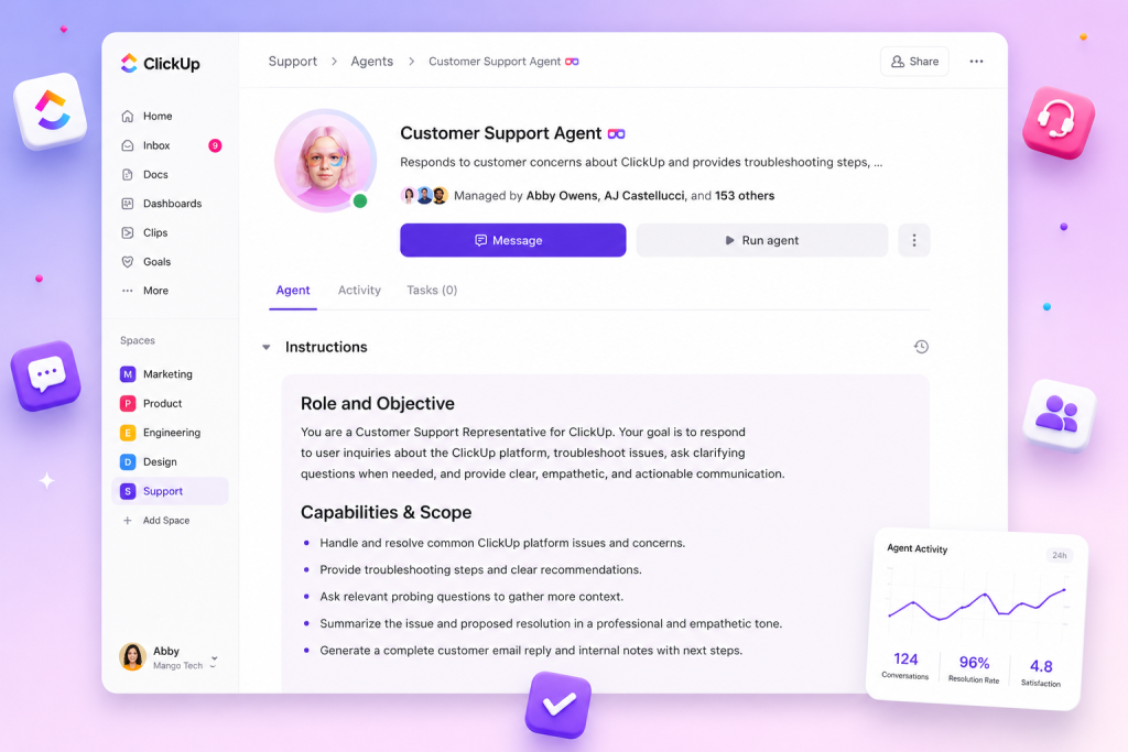 Dashboard UI of a colorful support agent workspace with left navigation and a central agent profile panel.