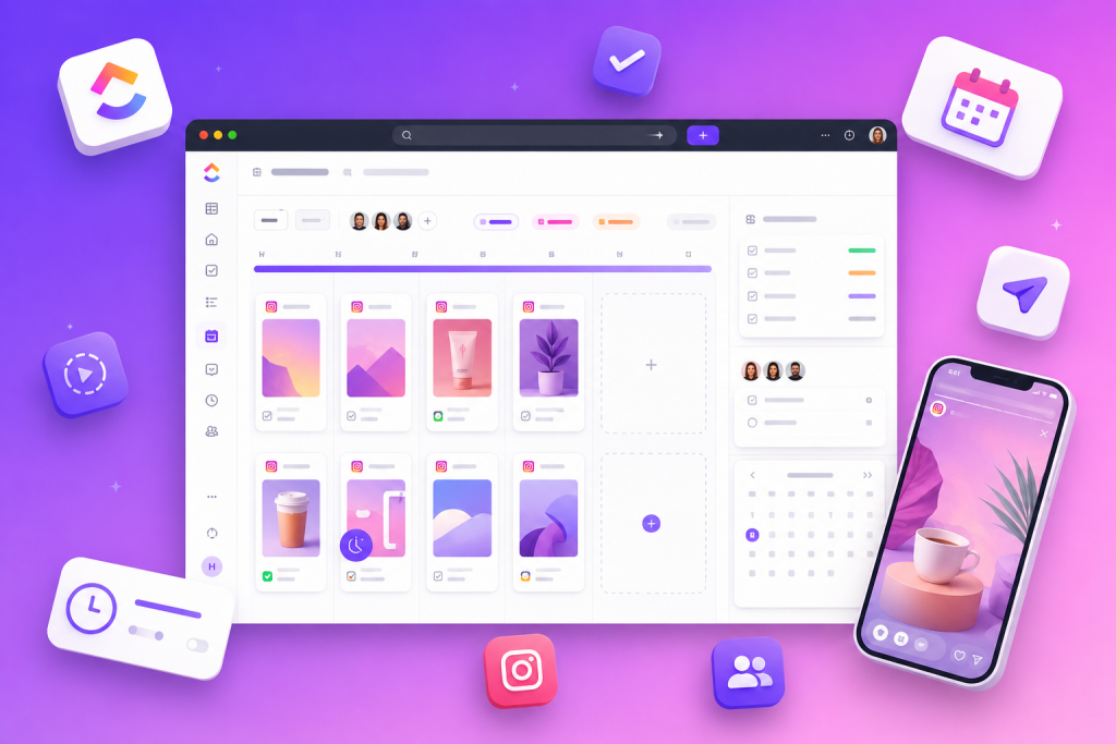 Colorful gradient background with a large white dashboard mockup showing a grid of social-media cards, a left navigation rail, and floating app icons around it.