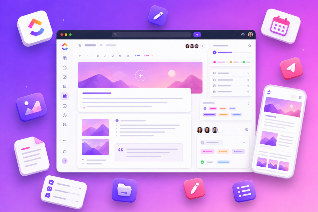 Desktop dashboard UI on a purple gradient, with floating app icons around it.