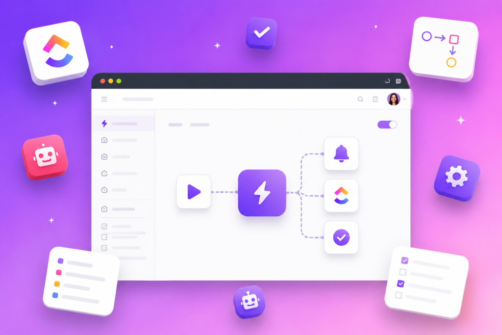 Abstract UI flow diagram: a central purple square with a lightning bolt connected by dotted lines to surrounding function tiles (play, bell, check, and app icons) on a purple-pink gradient background.