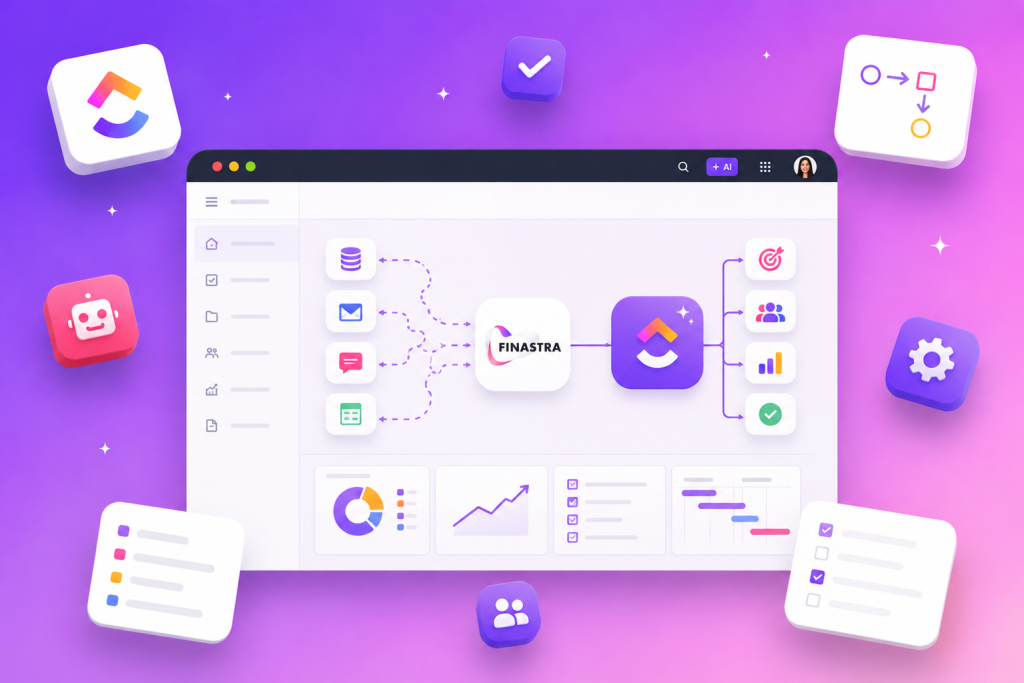 Infographic of a dashboard workflow: left icons feed into a central Finastra block, then into a purple app module.