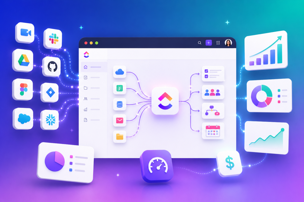 Central dashboard connected to multiple app icons, illustrating a data workflow and integrations between services like Slack, GitHub, Drive, and Figma.