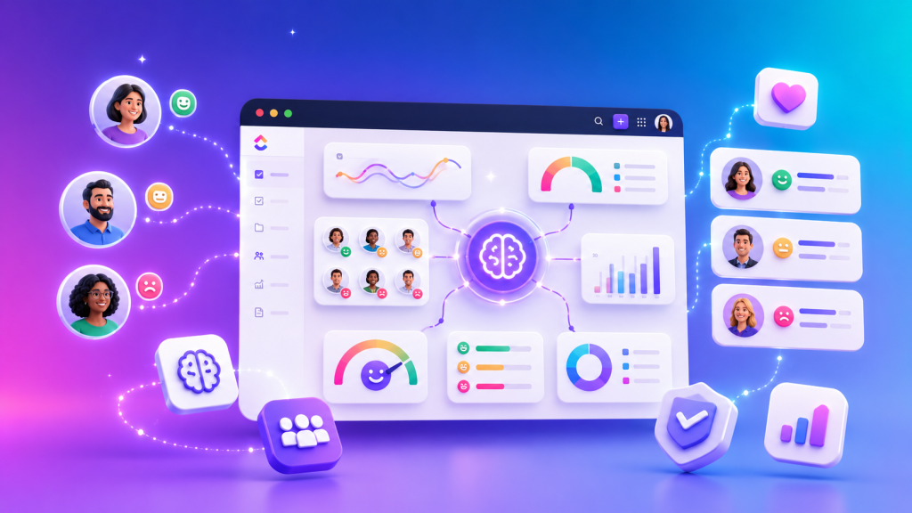 colorful AI dashboard illustration with central brain icon connected to charts and avatars depicting team collaboration