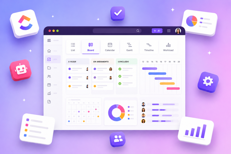 A colorful project management dashboard UI on a purple gradient background with task cards, charts, and timelines.