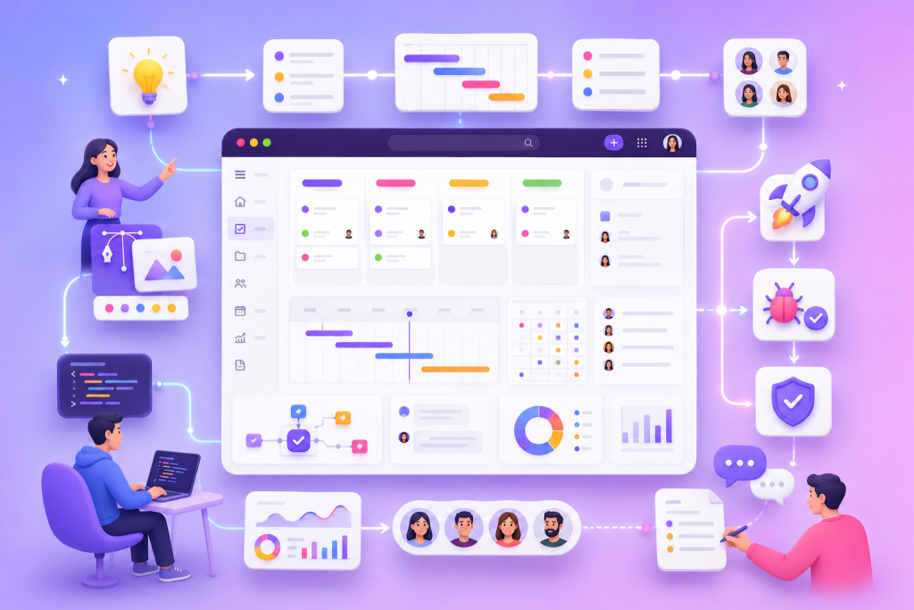 ChatGPT Image 13 de jul de 2026 15_38_55 - TaskUP Illustration of a collaborative project dashboard with a central browser window, Kanban cards, charts, and team avatars connected by glowing lines in a purple gradient scene.