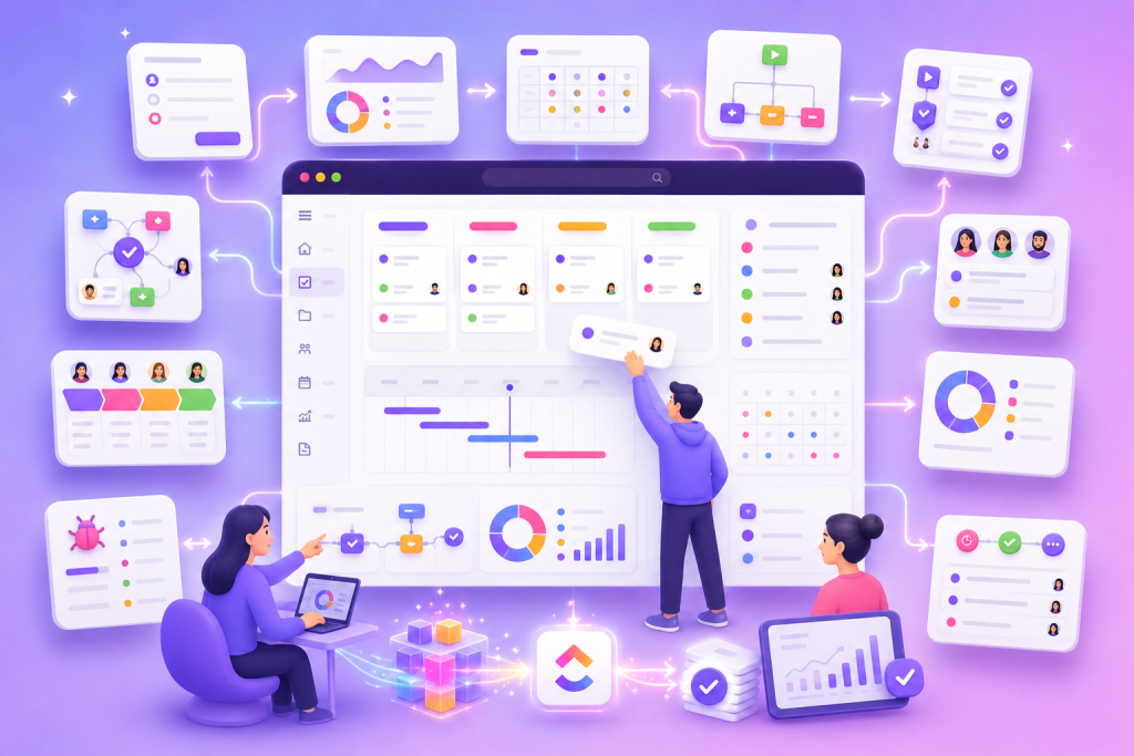 Team members collaborate around a large central dashboard, arranging charts, cards, and timelines in a colorful project management UI.