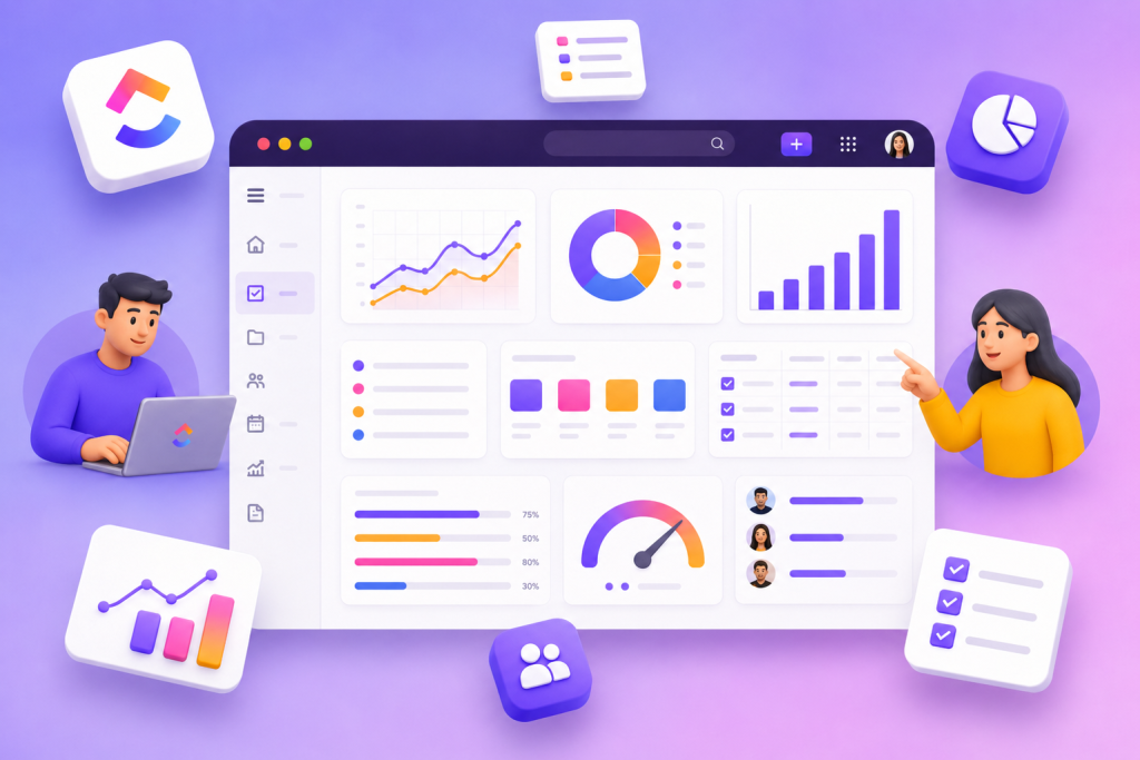 3D illustration of a data analytics dashboard with charts and graphs on a large monitor, flanked by two people icons in purple and pink hues