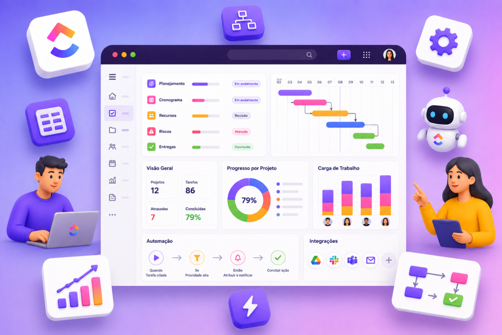 ChatGPT Image 13 de jul de 2026 16_54_19 - TaskUP 3D illustration of a project management dashboard with charts, timelines, and widgets on a purple background, surrounded by characters and icons.