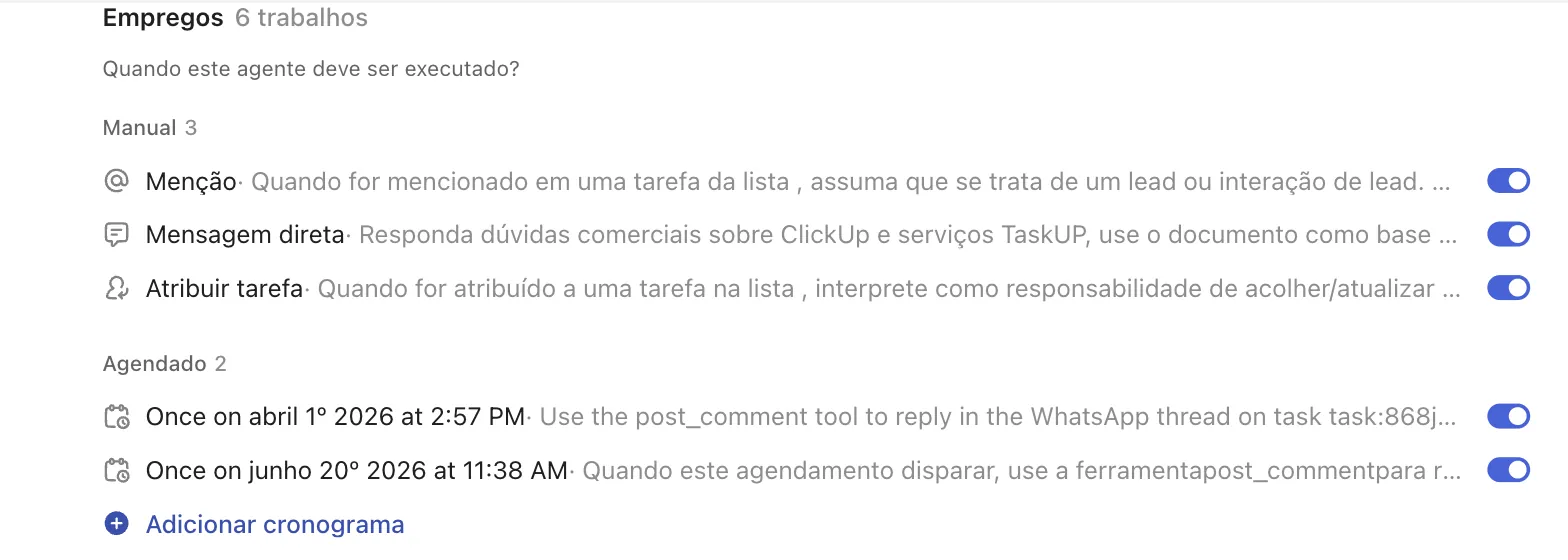 Bloco Empregos do painel, com 6 trabalhos, sob a pergunta Quando este agente deve ser executado. Em Manual, três gatilhos ligados: Menção, Mensagem direta e Atribuir tarefa. Em Agendado, dois horários, também ligados.