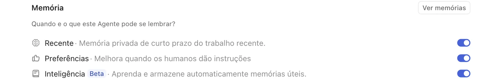 Bloco Memória do painel, sob a pergunta Quando e o que este Agente pode se lembrar. Recente, com memória privada de curto prazo, Preferências e Inteligência, marcada como Beta, estão as três com a chave ligada.